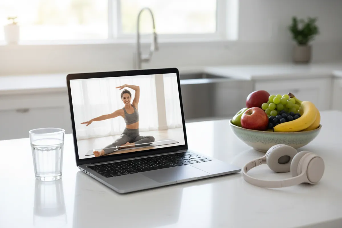 A modern laptop on a kitchen counter displays a paused video of a wellness coach. A glass of water, headphones, and a bowl of fruit are nearby, suggesting flexible, healthy learning at home.