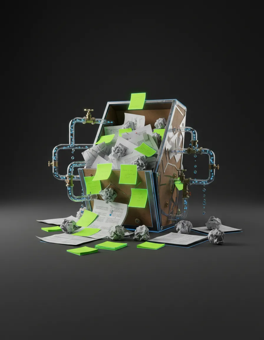 Visual representation of a chaotic inbox and leaking pipeline