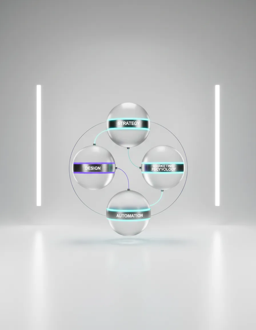 A structural graphic showing the intersection of Strategy, Design, Marketing Psychology, and Automation