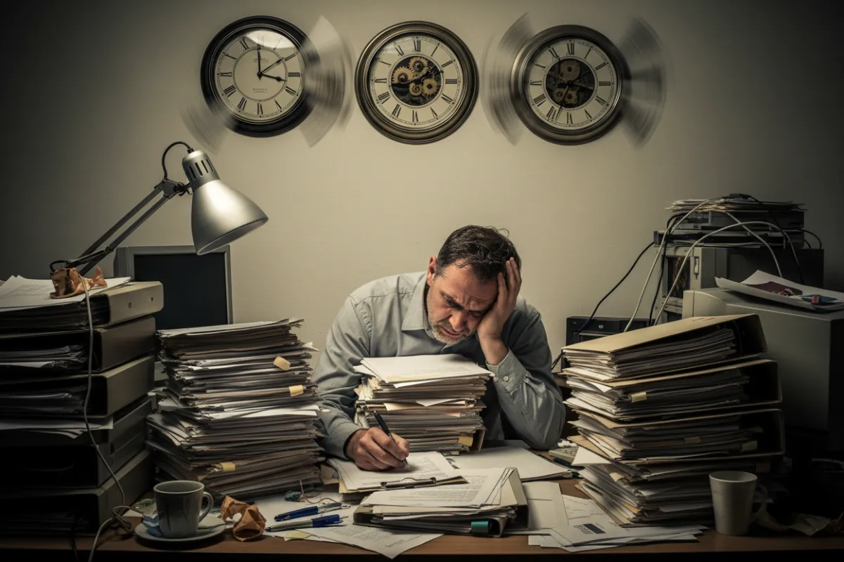A cluttered office desk with stacks of paperwork, a stressed business owner reviewing documents, and analog clocks on the wall, representing the chaos and inefficiency of manual business processes. The scene is realistic and detailed.