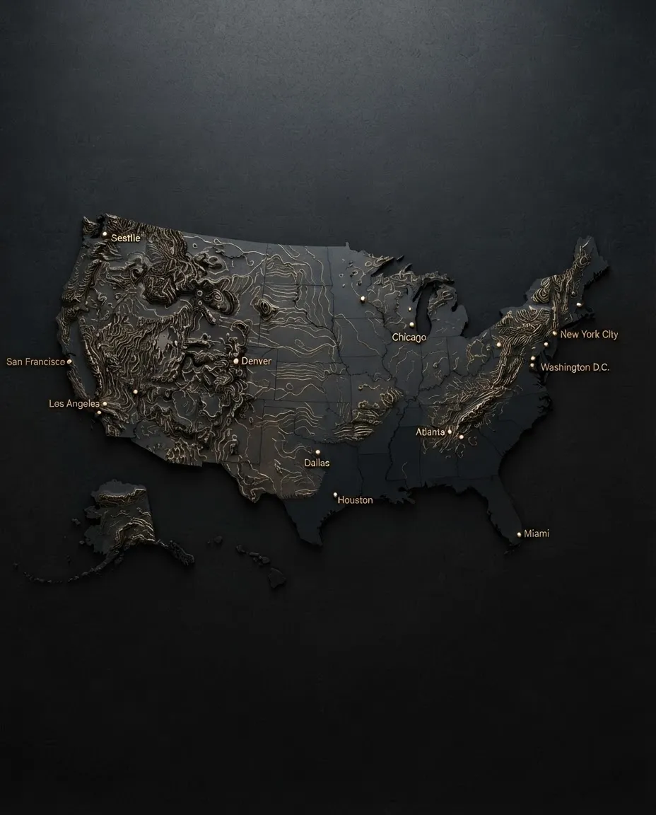 Minimalist architectural map rendering showing nationwide institutional footprint and capital markets across the United States in dark luxury tones with subtle gold pinpoints