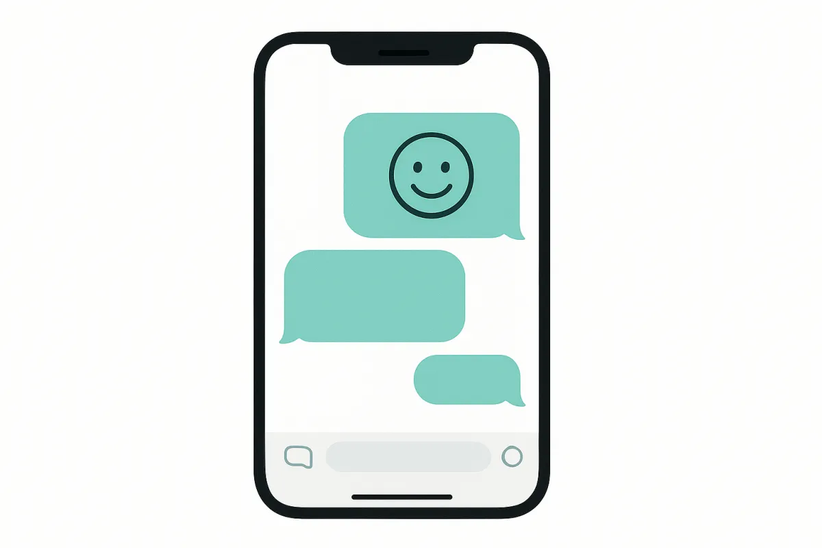 Illustration of a phone showing a cheerful reminder message in aqua bubbles