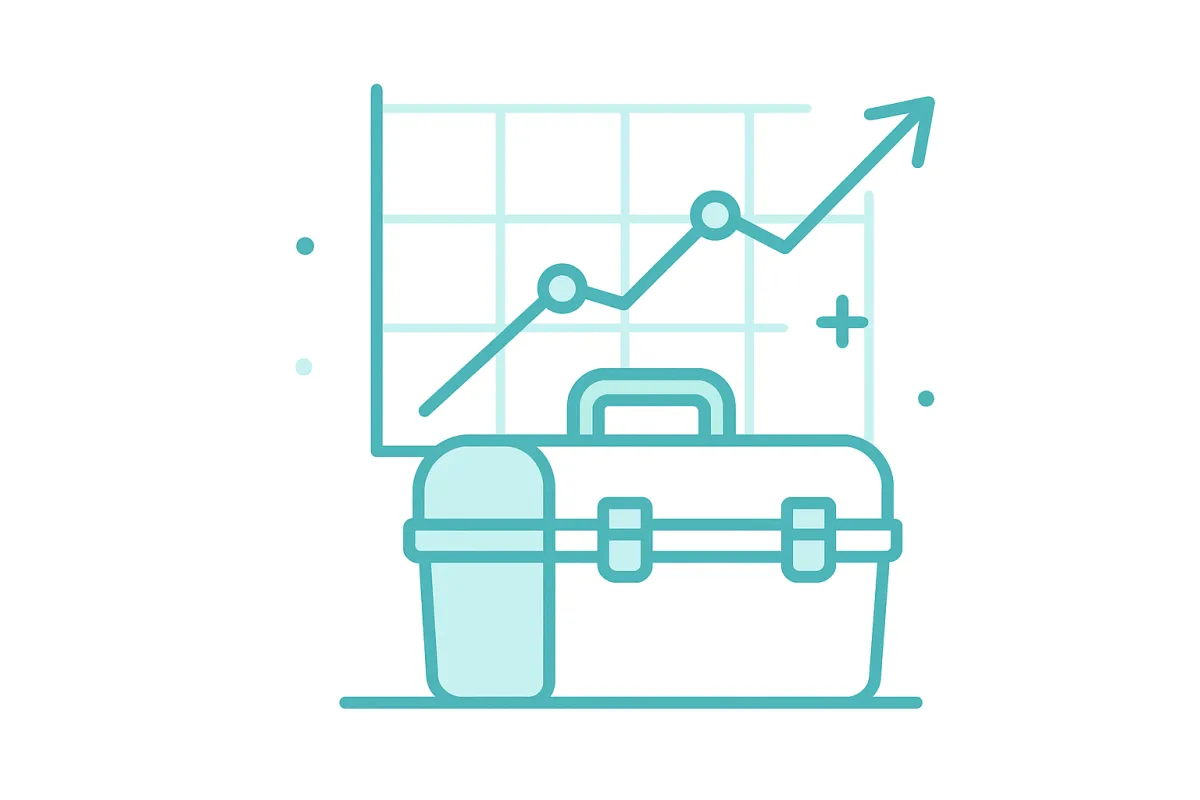 Illustration of a toolbox and a rising growth graph in aqua tones