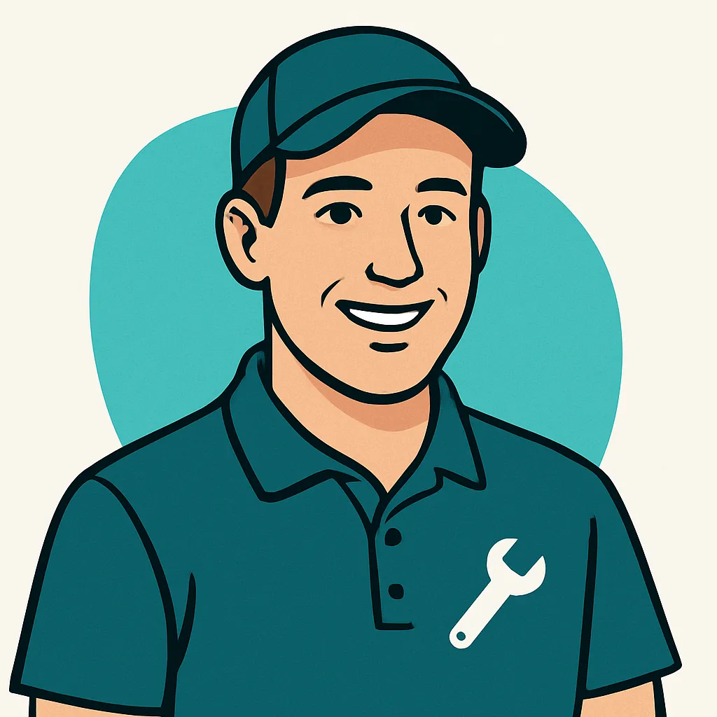 Illustrated headshot of a male plumber in branded polo, 1:1 portrait