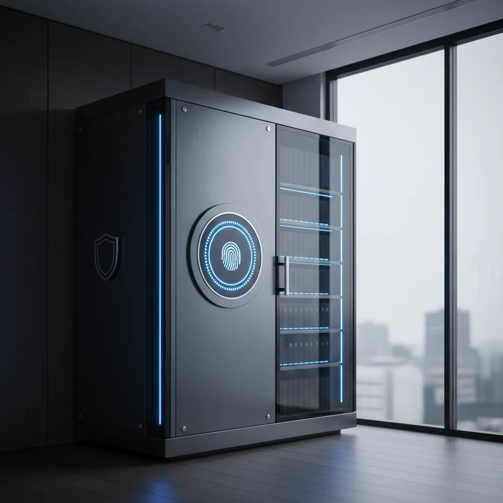 A secure, modern document vault with biometric lock, blue LED lighting, and no visible papers. The setting is a private office corner, emphasizing advanced security and privacy. No people are present. The image conveys confidentiality and high-tech protection.