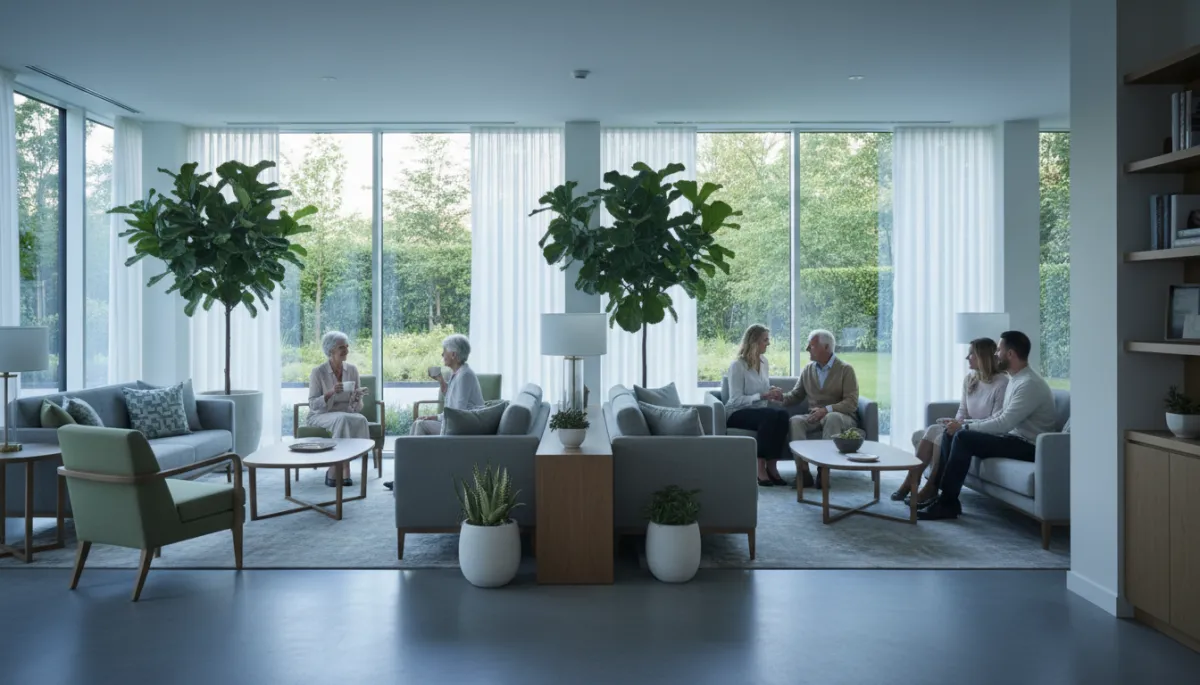 Modern, light-filled common area at The Emerald luxury senior living community