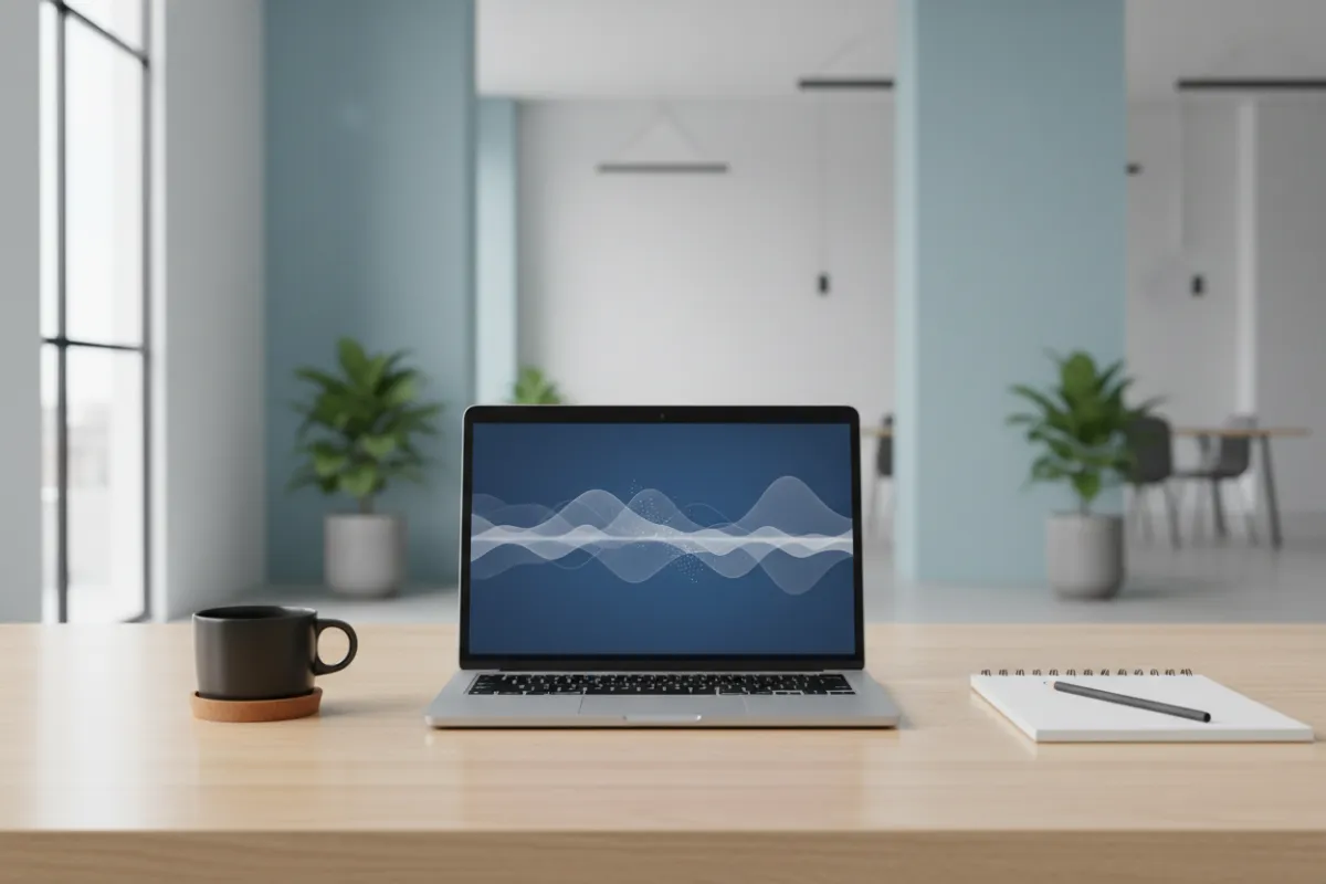 A minimalist photo of a sleek workspace with a laptop displaying a rebranding presentation, a coffee cup, and a notepad, set against a bright, modern office background. The scene conveys professionalism and readiness for digital change, with natural light and subtle blue accents.