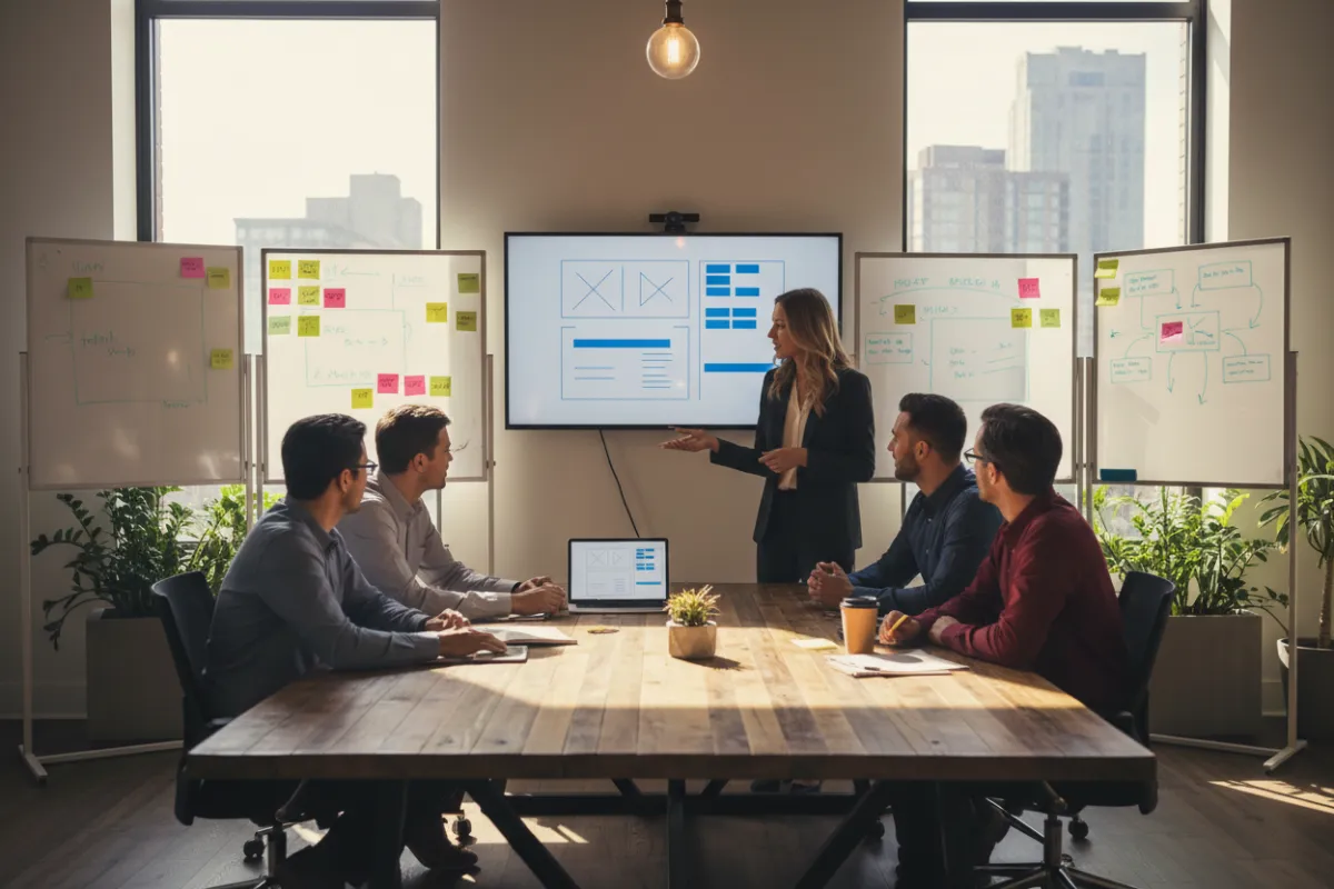 A team of branding experts collaborating in a modern office, reviewing website wireframes and messaging boards. The group is diverse, and the environment is bright, symbolizing a comprehensive digital brand transformation process.