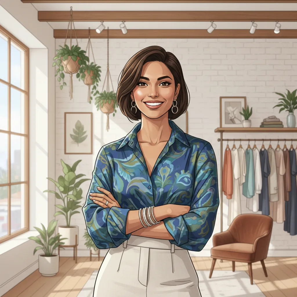 Portrait illustration of a boutique owner in a retail setting