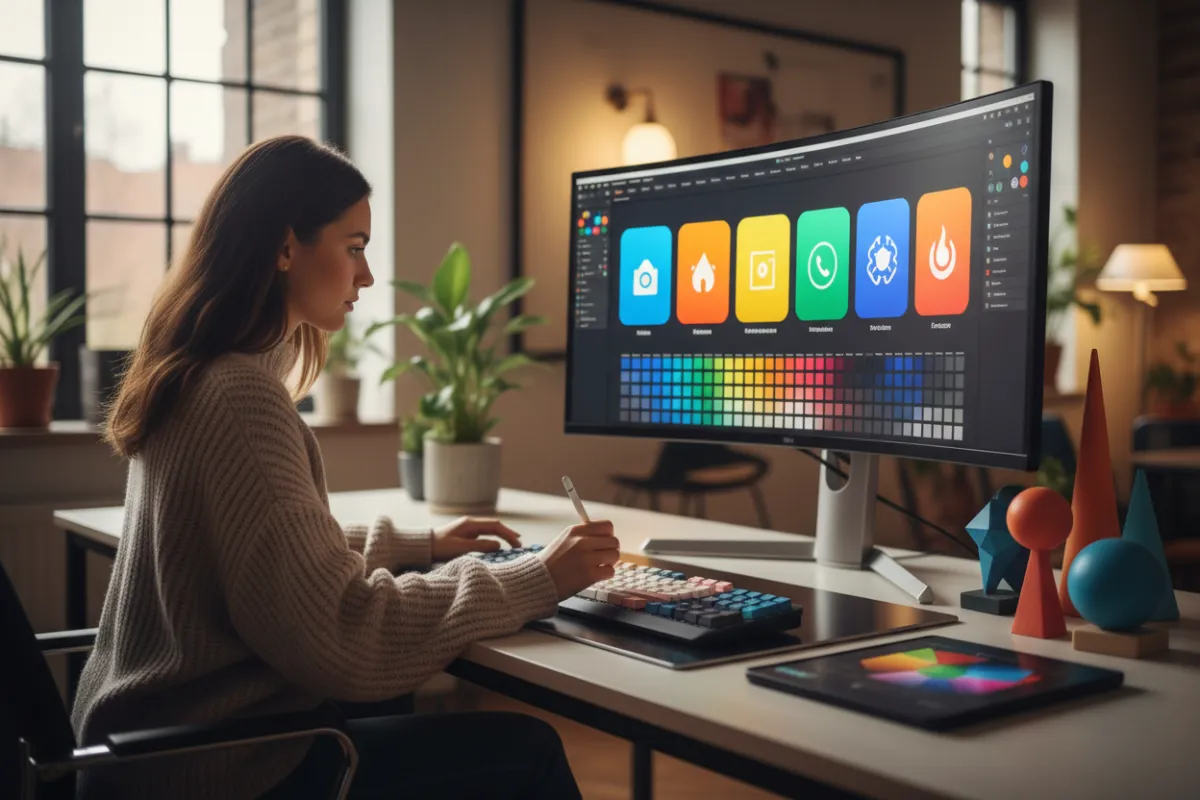A creative designer updating a business's social media profiles and brand visuals on a large monitor, with vibrant icons and color swatches visible. The workspace is modern, and the designer is focused, representing a professional digital refresh.