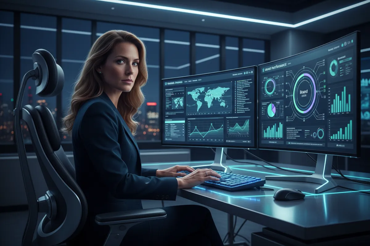 A marketing specialist analyzing SEO data and brand performance on dual monitors, with charts and analytics dashboards visible. The office is high-tech, and the specialist is focused, representing a data-driven approach to brand visibility.