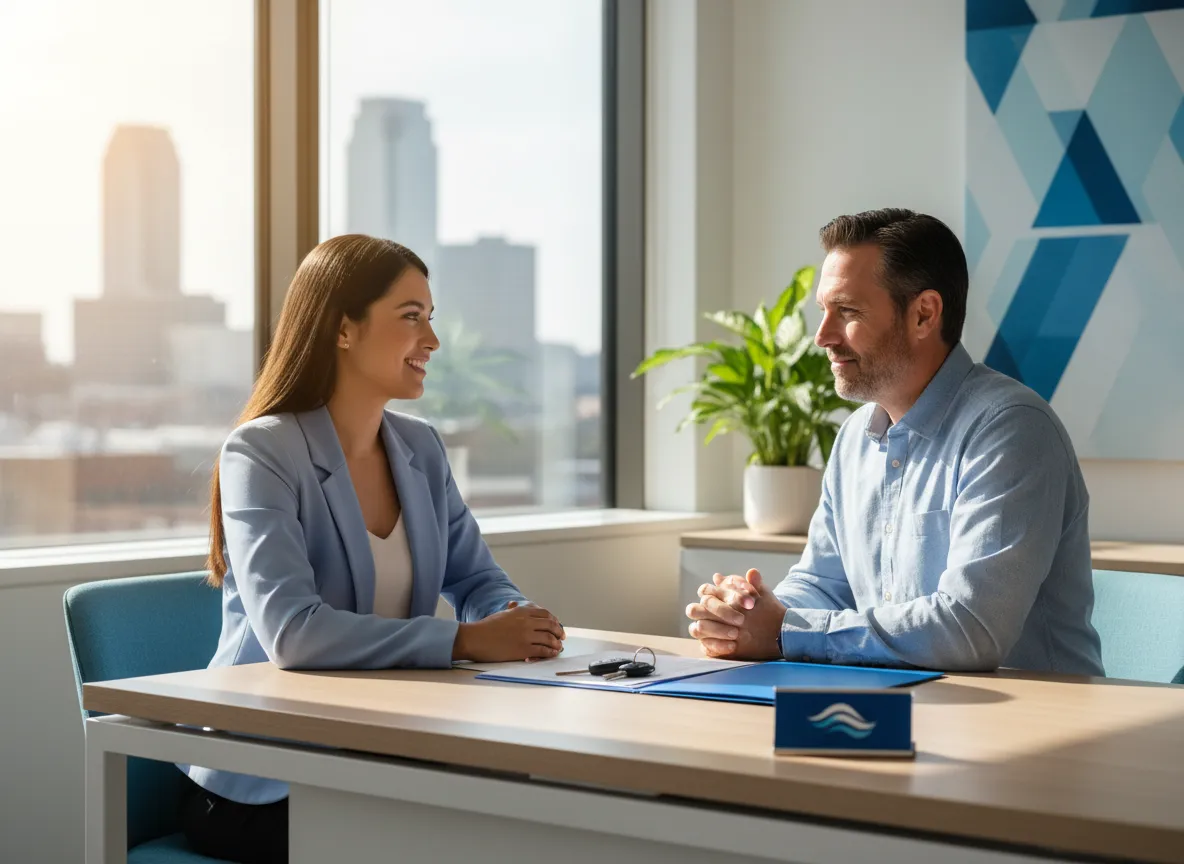 Friendly staff helping a customer at Valle Multi Service & Insurance office in Kansas City