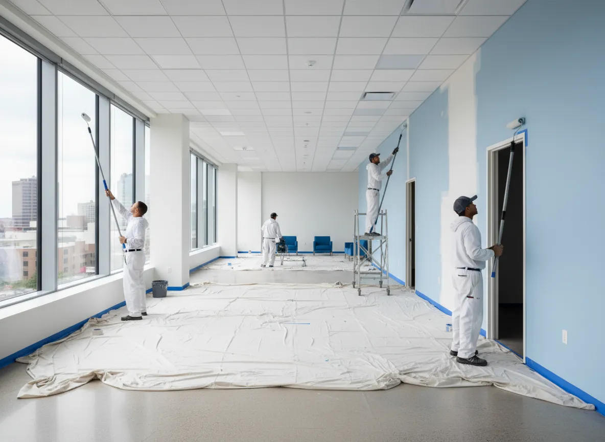 Professional commercial painters working inside a Kansas City office building