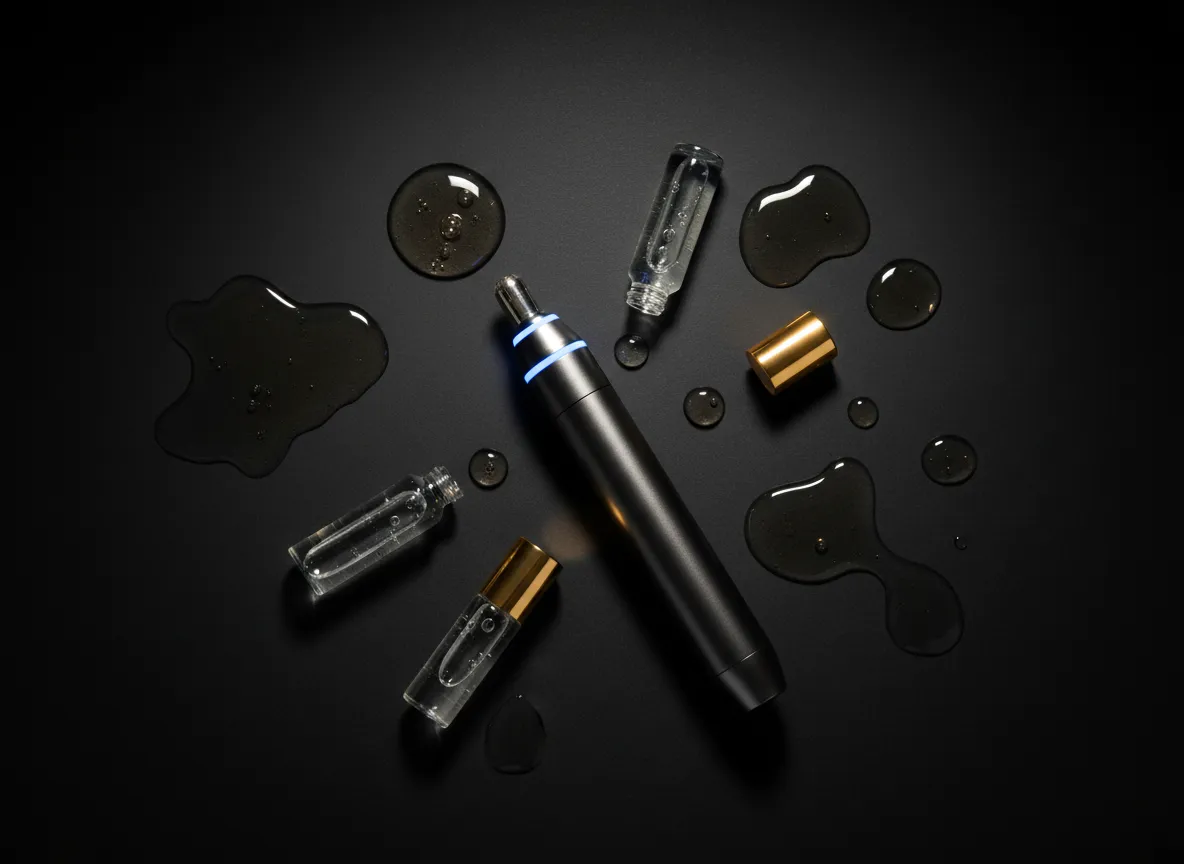 Macro skincare textures and Procell microchanneling device on a dark background