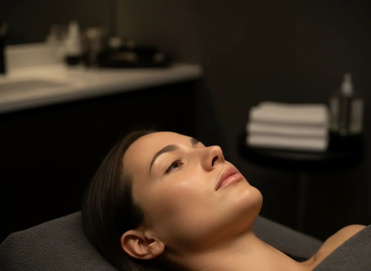 Close-up of luminous, healthy skin in a luxury skincare studio