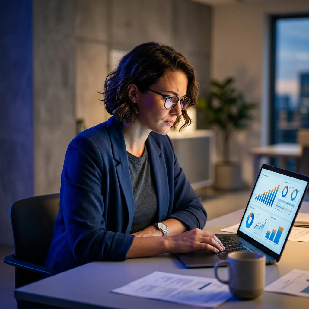 Stressed small business owner reviewing complex marketing analytics dashboard and low return on ad spend