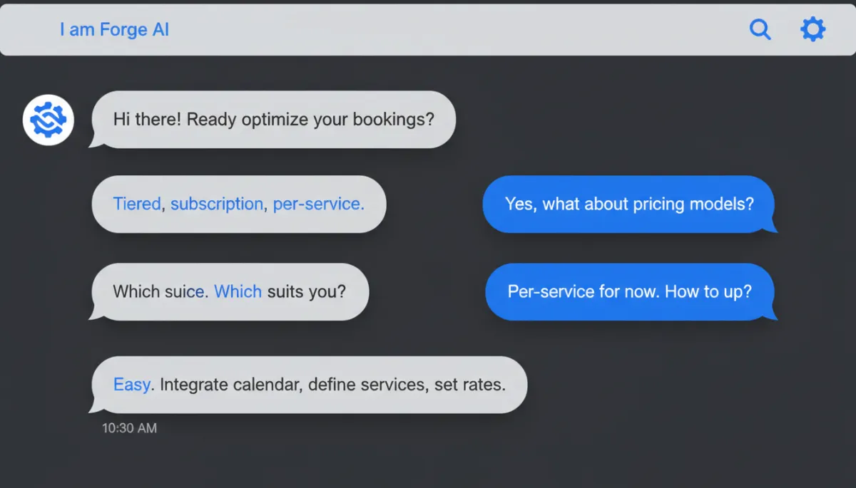 Chat interface mockup showing I am Forge AI conversing with a customer