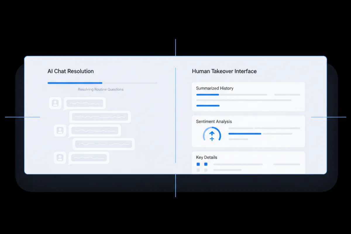 Conversation handoff view showing AI resolution and escalation to human with summary