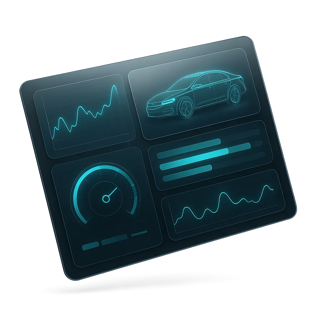 Floating high-fidelity dashboard mockup with automotive data visualizations