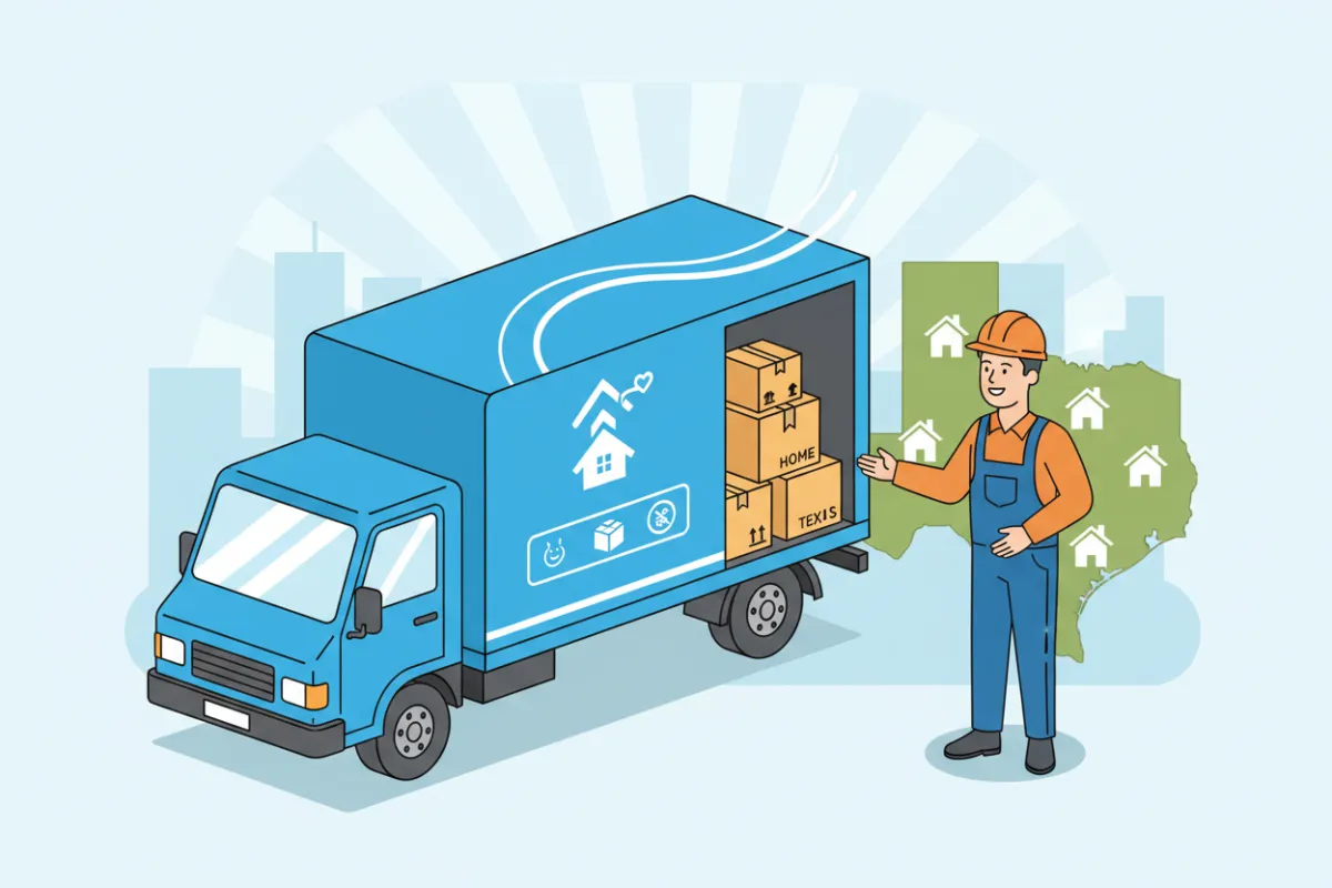 Bright moving truck illustration with boxes stacked and a smiling mover, highlighting a free moving benefit for new renters in Texas.