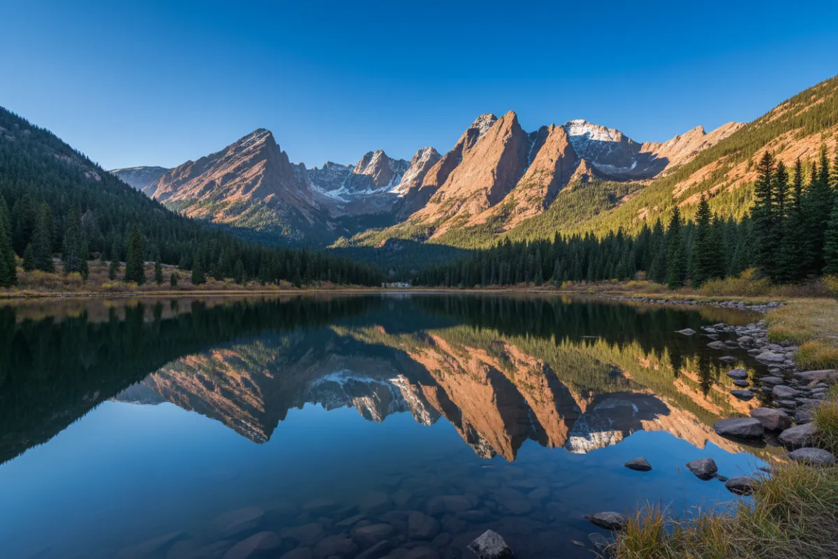 Daytime mountain lake scene in Boulder with mountains and clear sky