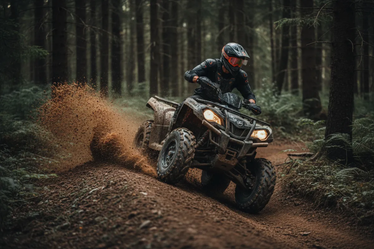 Financed ATV on a rugged trail with muddy splashes and rider mid-turn.