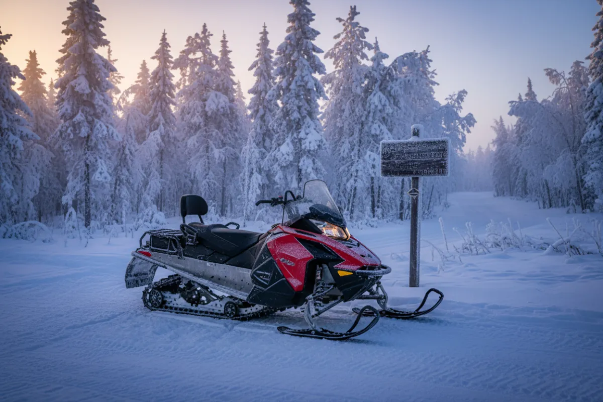 Snowmobile parked at a remote winter trailhead in the boreal forest.