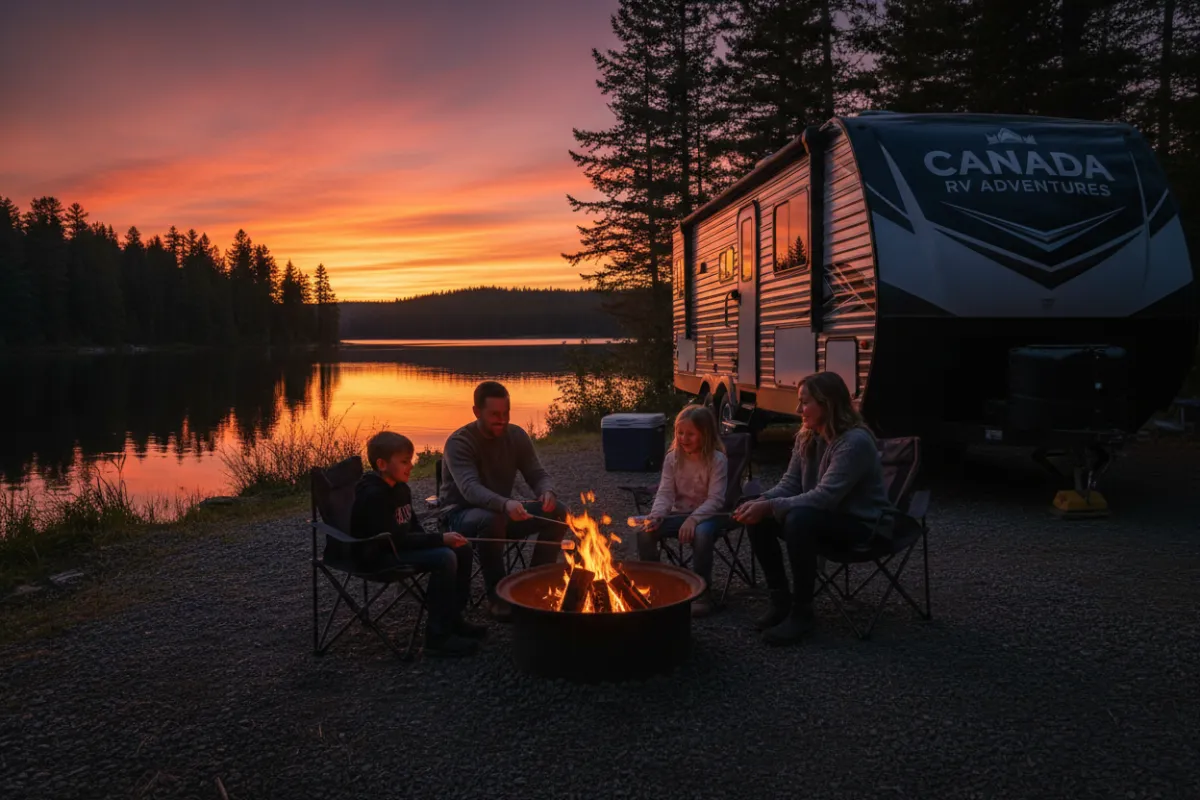 Travel trailer at a lakeside campsite at sunset with family around a firepit.