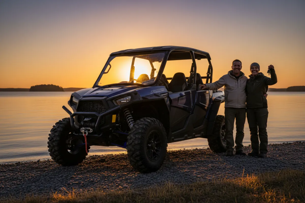 Freshly financed side-by-side at a lakeshore with smiling riders at golden hour.