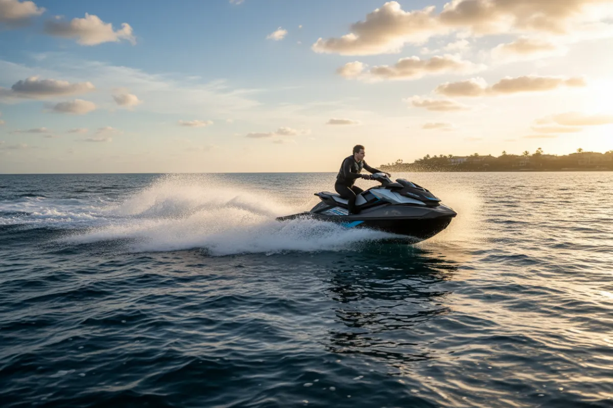 Jet ski cutting across open water with spray and sunlight.