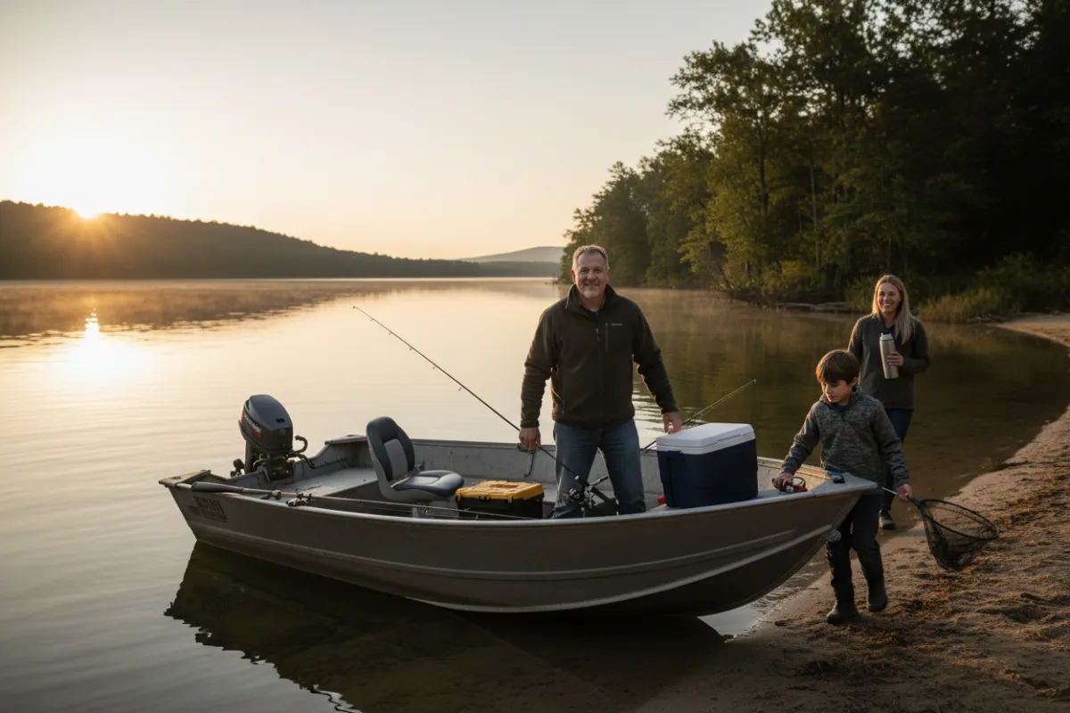 Small aluminum fishing boat on a calm lake at dawn with owner unloading gear.