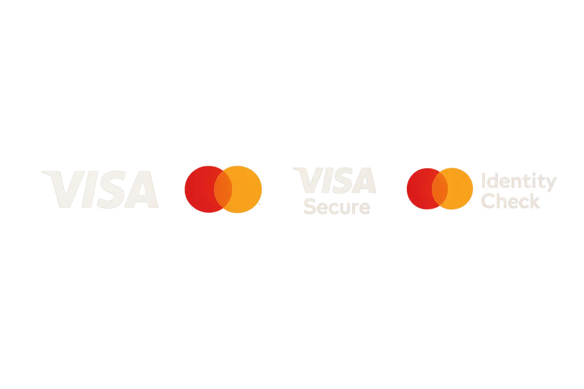 Logos en el footer: Visa, Mastercard, Visa Secure, Mastercard Identity Check