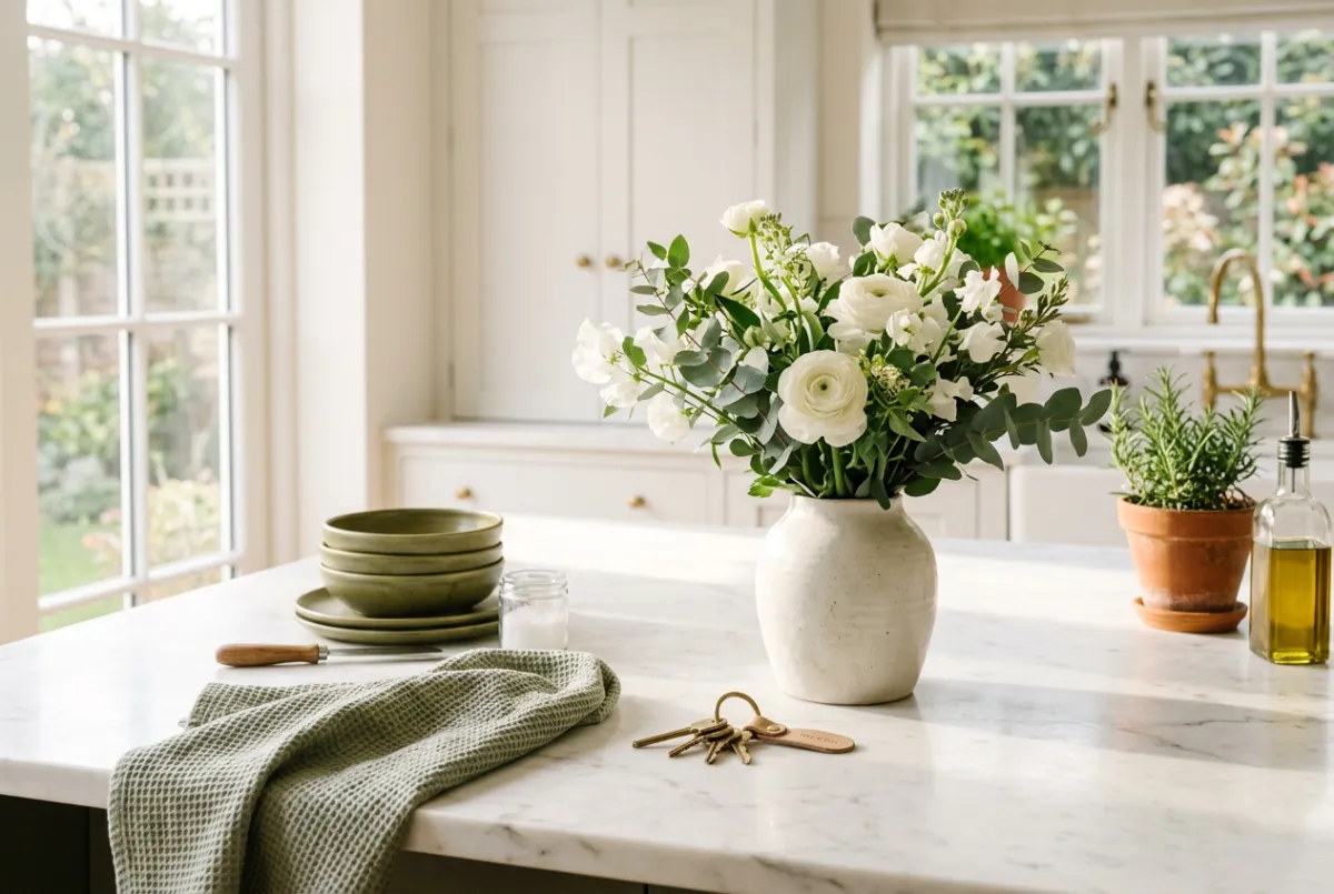 Editorial interior staging with warm travertine finishes and natural light pouring through French windows