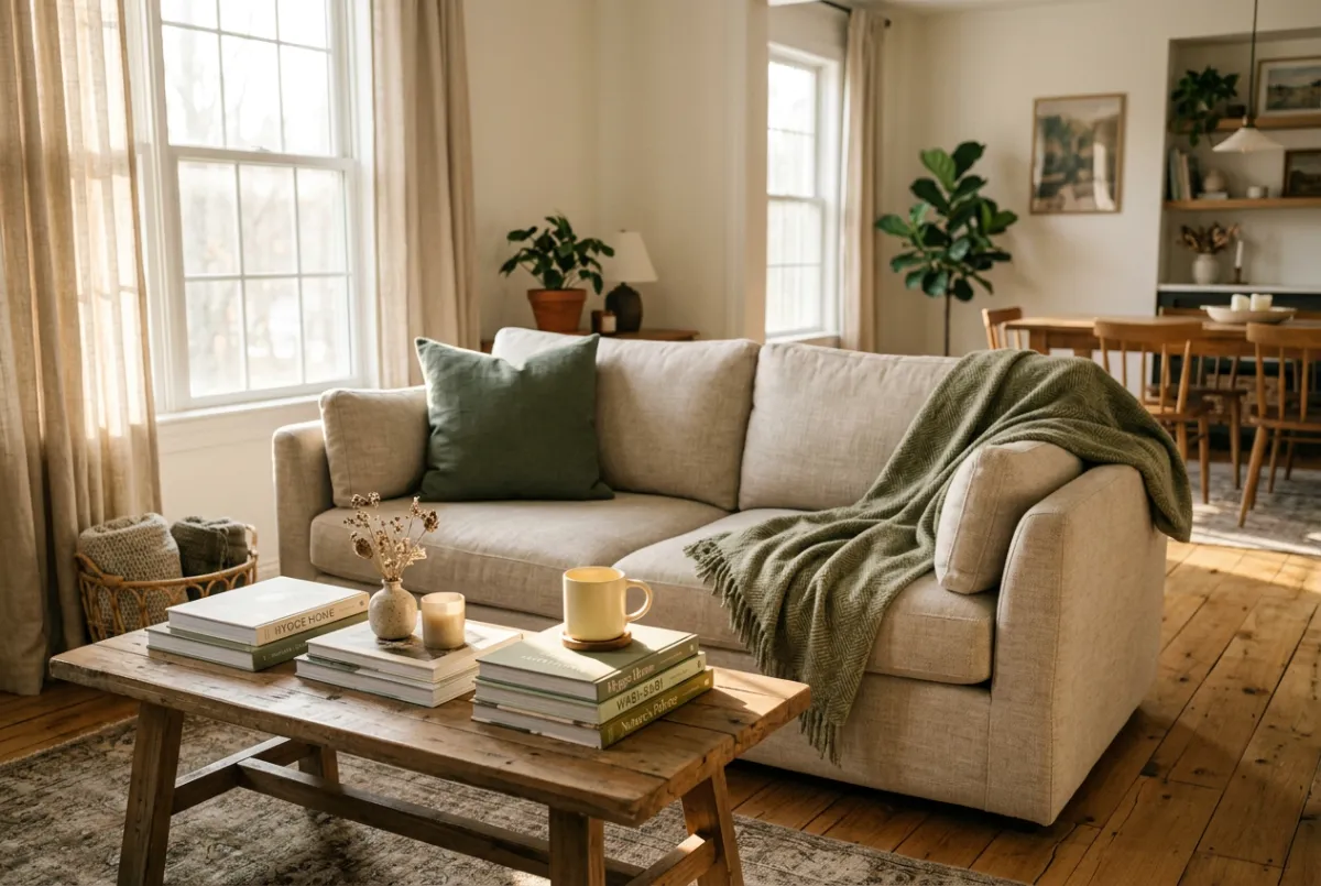 Sunlit aesthetic modern living room with warm hardwood floors and architectural book curation