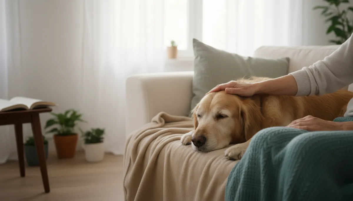 A peaceful and loving moment between an owner and a senior pet