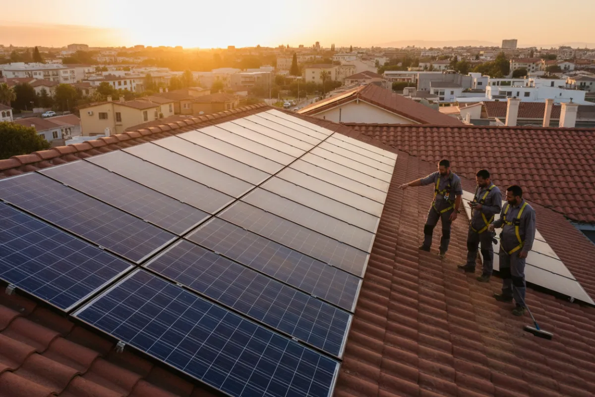 Rooftop with solar panels, clean and dirty side, technicians assessing panels