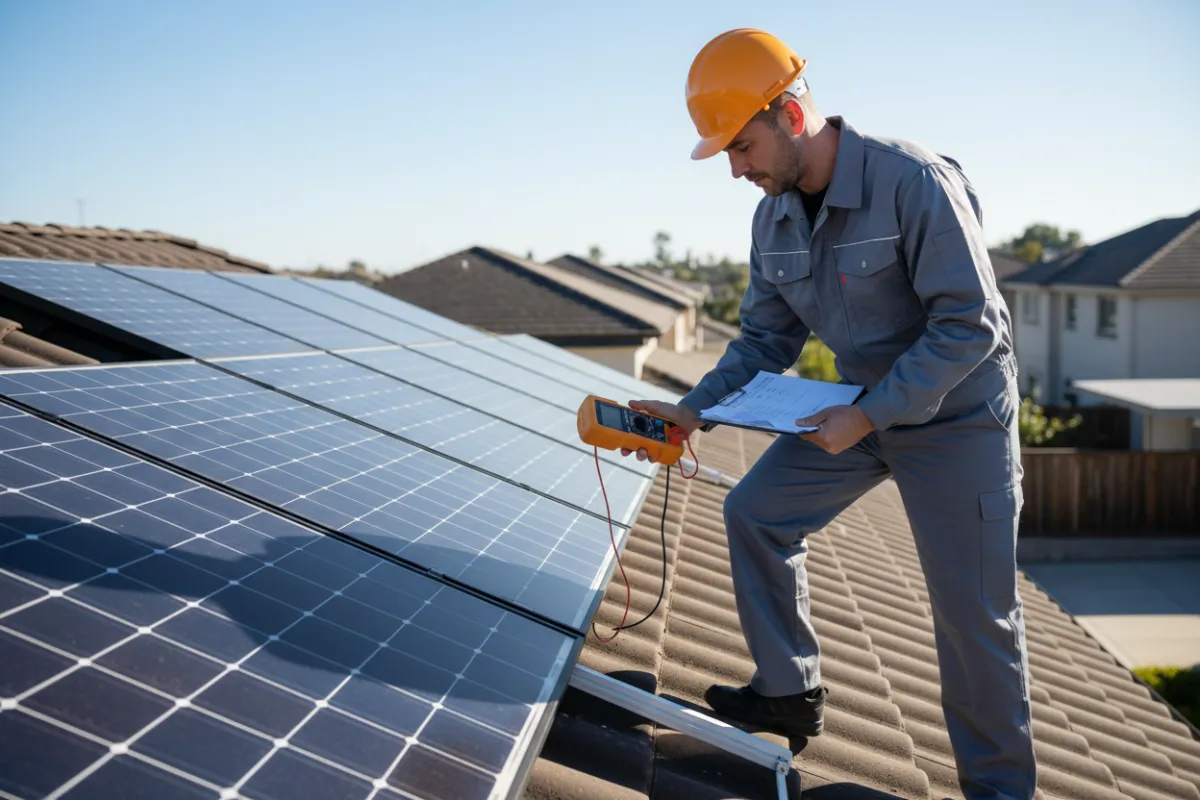 Technician performing a panel check with portable meter, clipboard in hand, panels visible on a suburban rooftop; bright daylight, clear focus on inspection activity, realistic photorealistic composition to communicate professionalism and value.