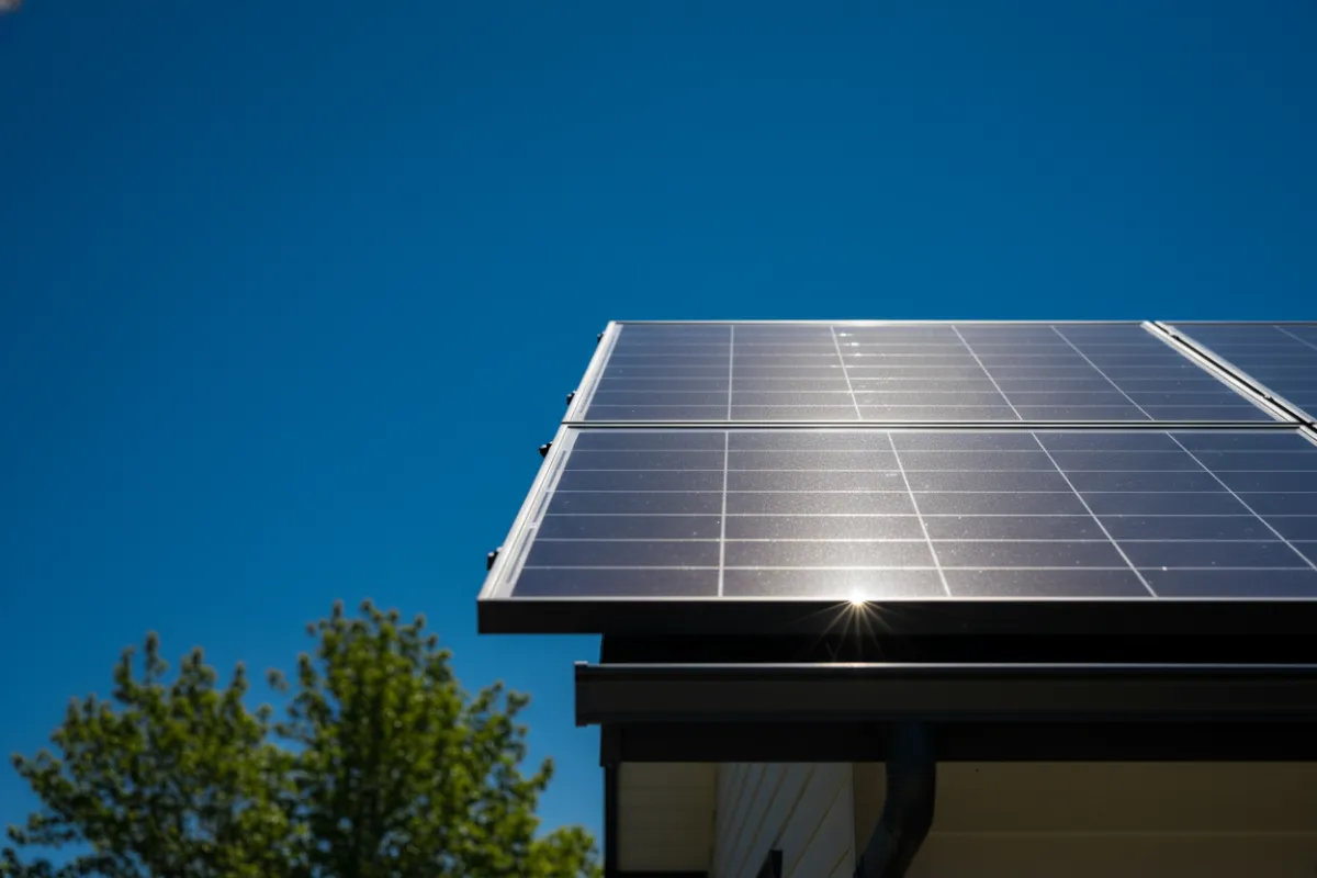 A close-up of a sparkling clean solar panel on a modern suburban home roof, sunlight reflecting off the glass, with a clear blue sky and a hint of treetops in the background. The image conveys cleanliness, efficiency, and residential comfort.