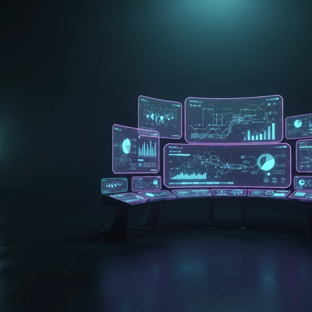 Glowing AI dashboard and automation network data flow visualization