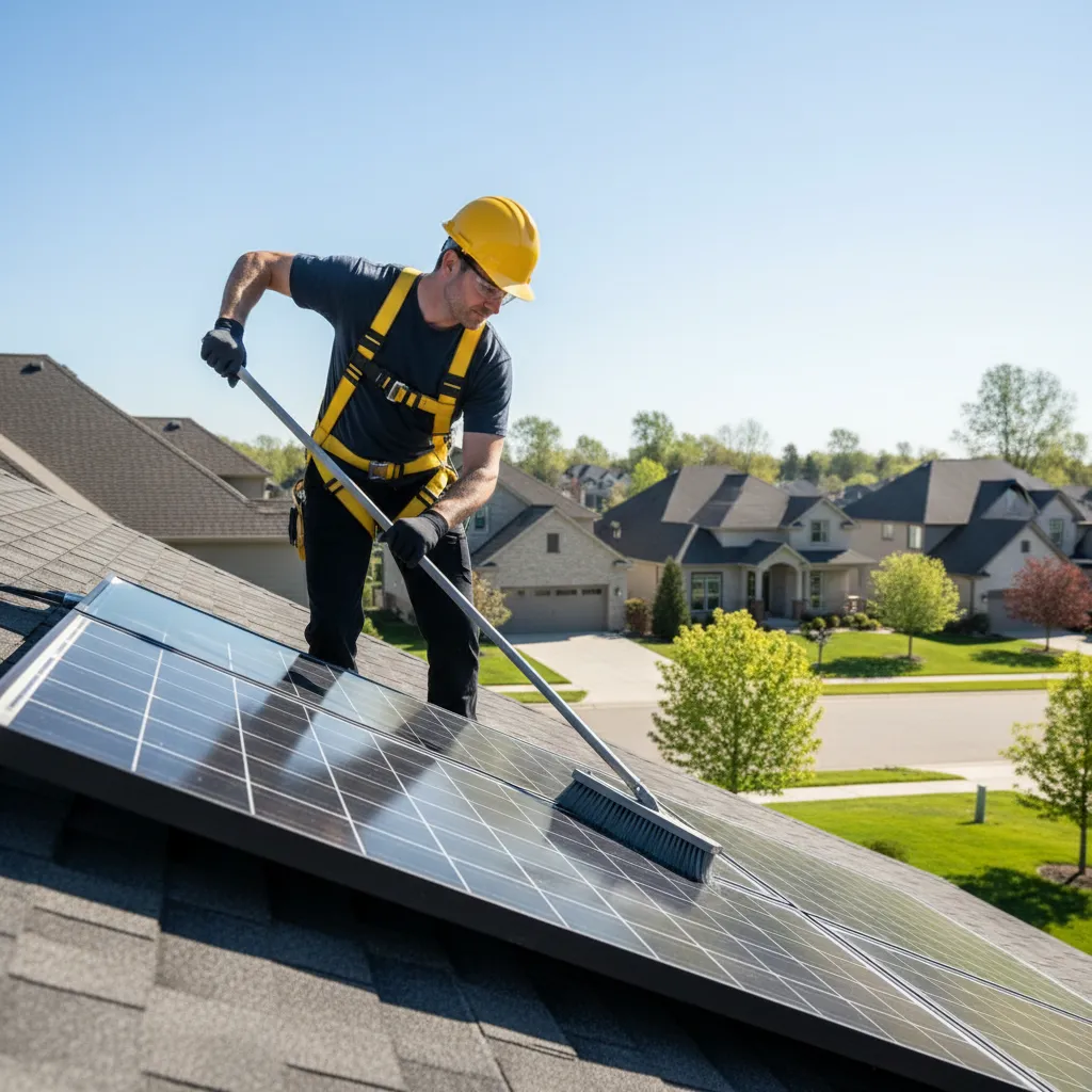 A professional technician in safety gear carefully cleaning a rooftop solar panel with a soft brush, surrounded by a tidy residential neighborhood. The scene is bright, with clear weather and a sense of expert care and attention to detail.