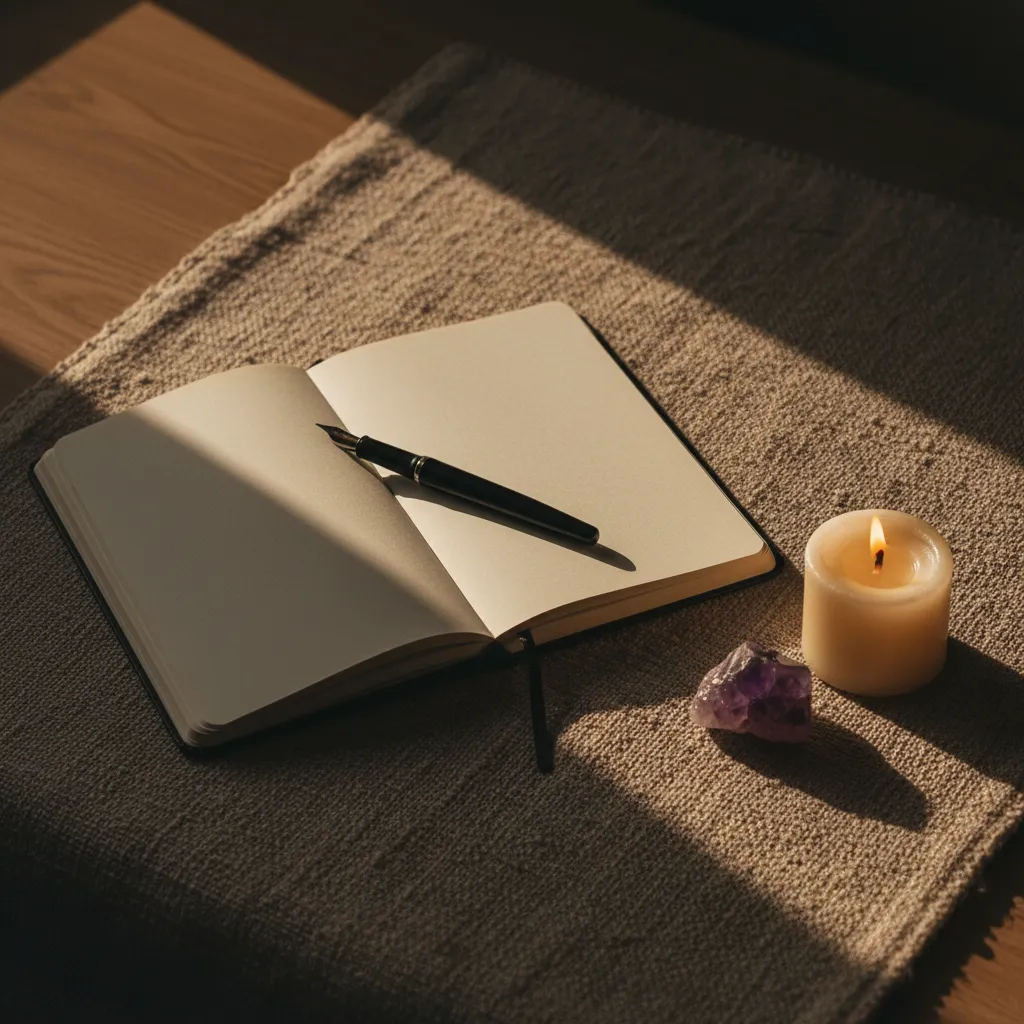 Calm meditative scene with journal, candle, and soft light