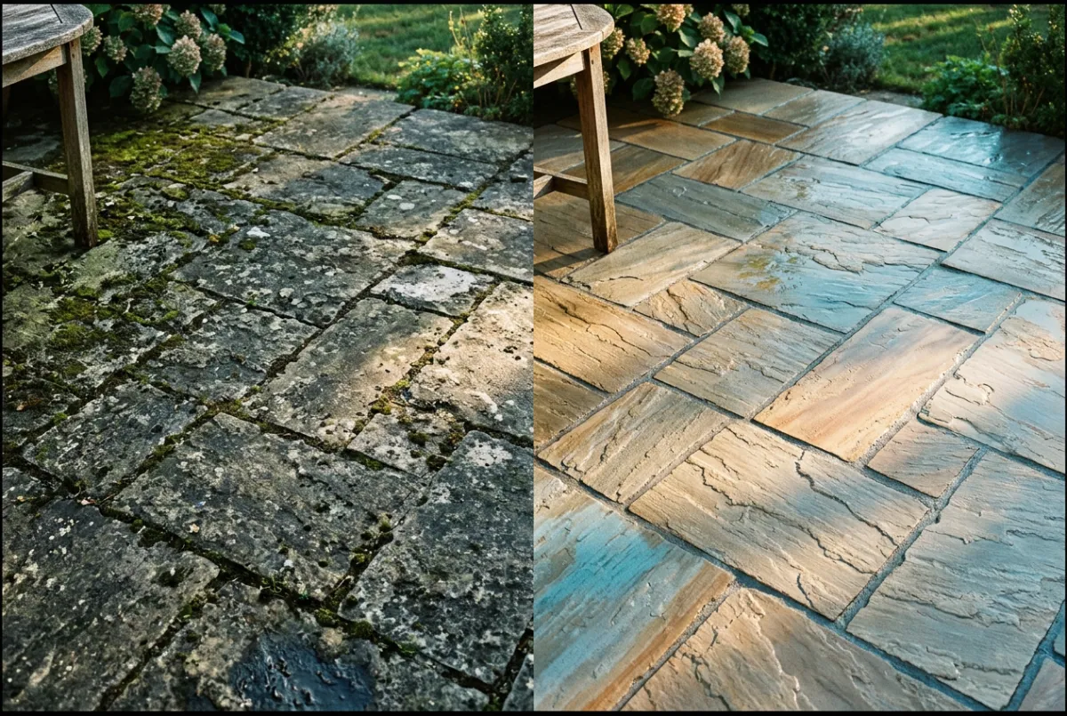 Deep surface power washing on driveway and stone paving in Dublin