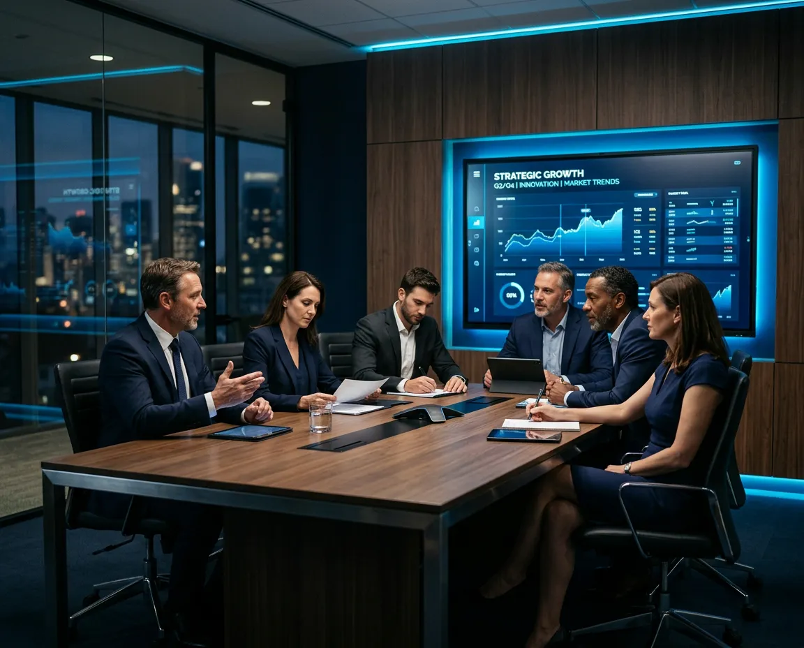 VecTa Digital executive team reviewing corporate growth analytics on interactive displays