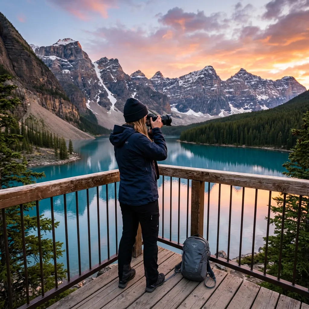 Person taking a photo of mountains and a lake at sunset.