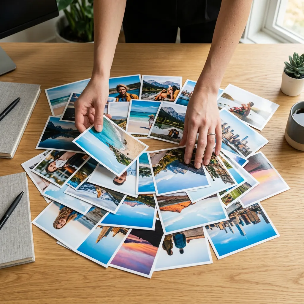 Hands spreading out multiple printed photos on a desk.