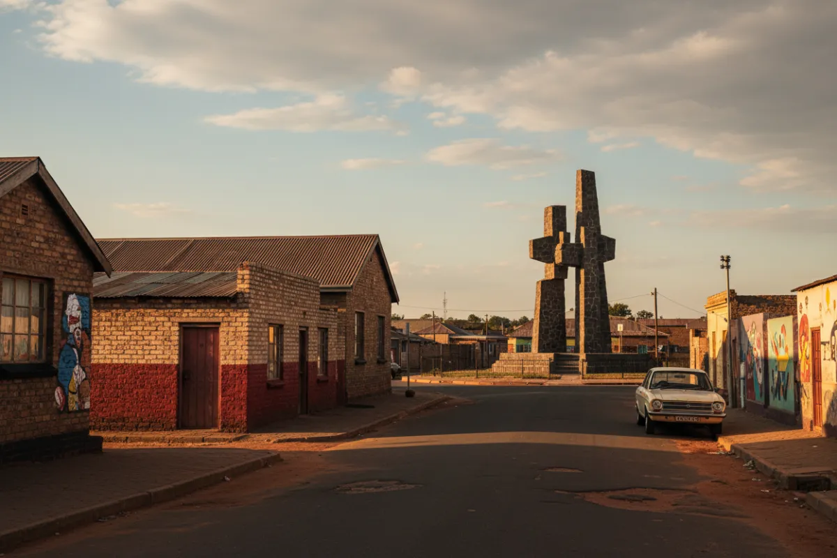 Soweto street (Vilakazi Street and Hector Pieterson Memorial), no people, golden-hour lighting, photorealistic