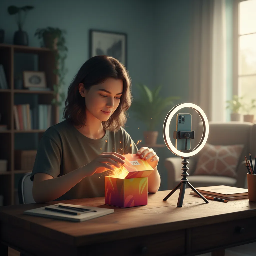 Soft sunlight photography of a creator unboxing a PR package