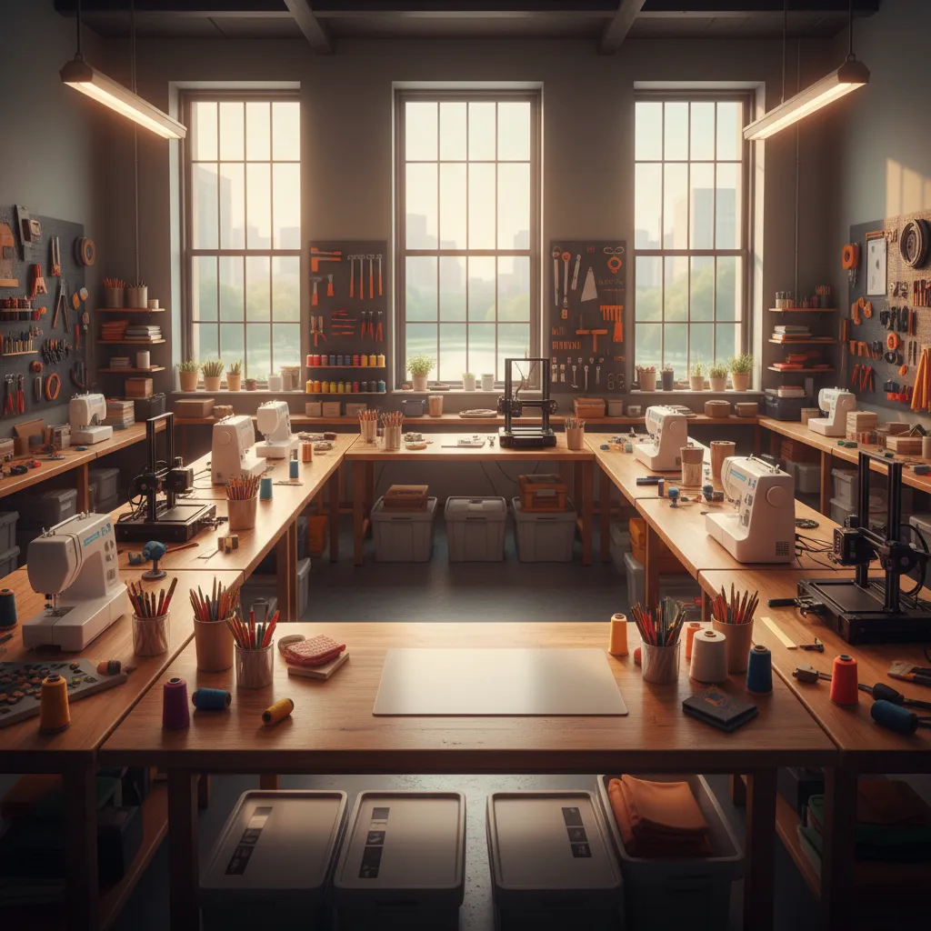 Soft sunlight photography of a collaborative maker space