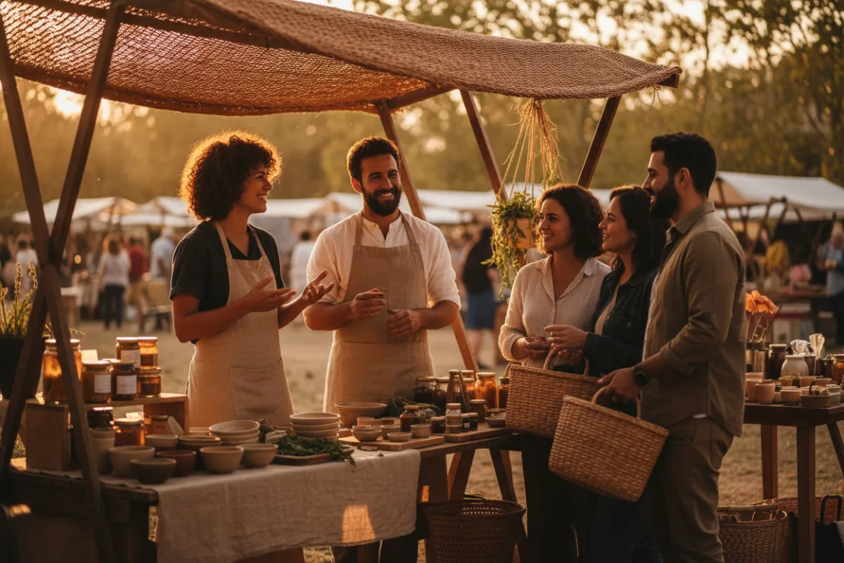 A vibrant, welcoming community market space filled with vendors and attendees networking