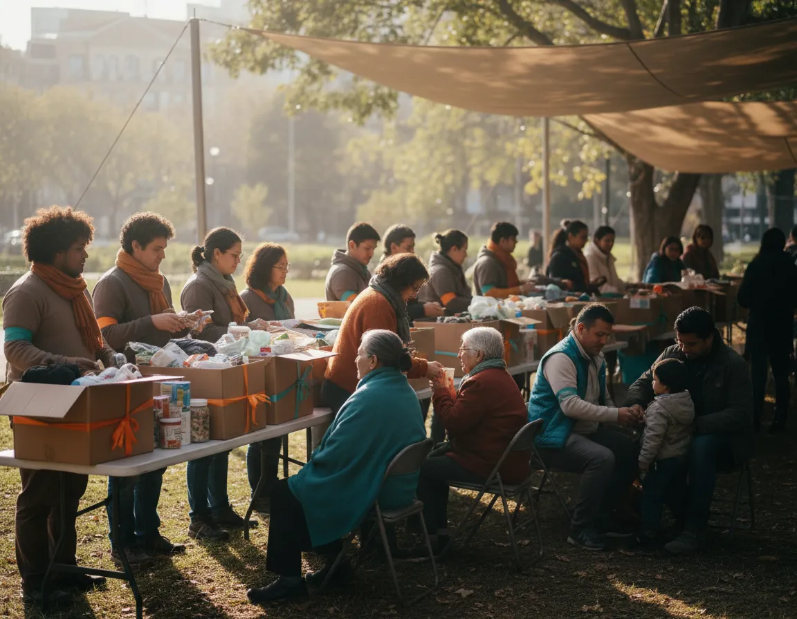 A soft-focus community outreach gathering representing shared healing.